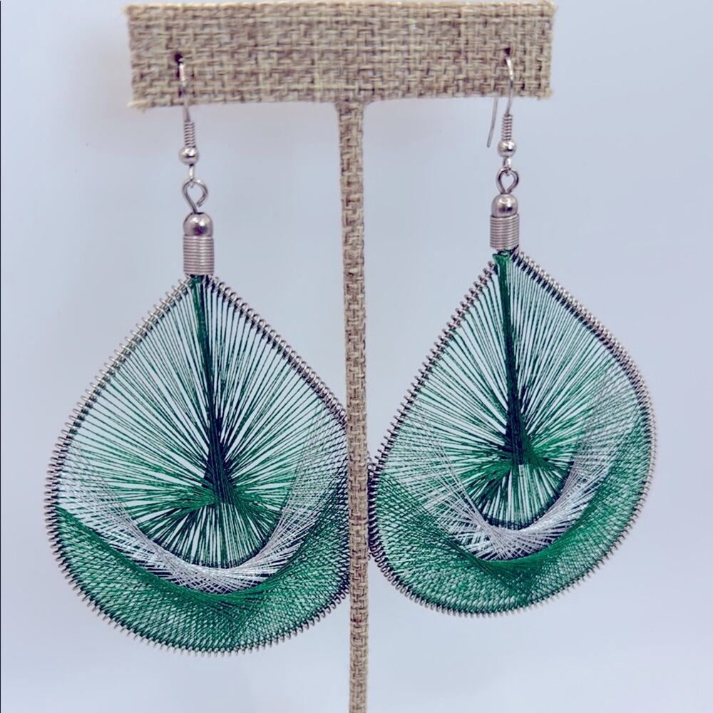 Green and Silver Teardrop Fabric Earrings